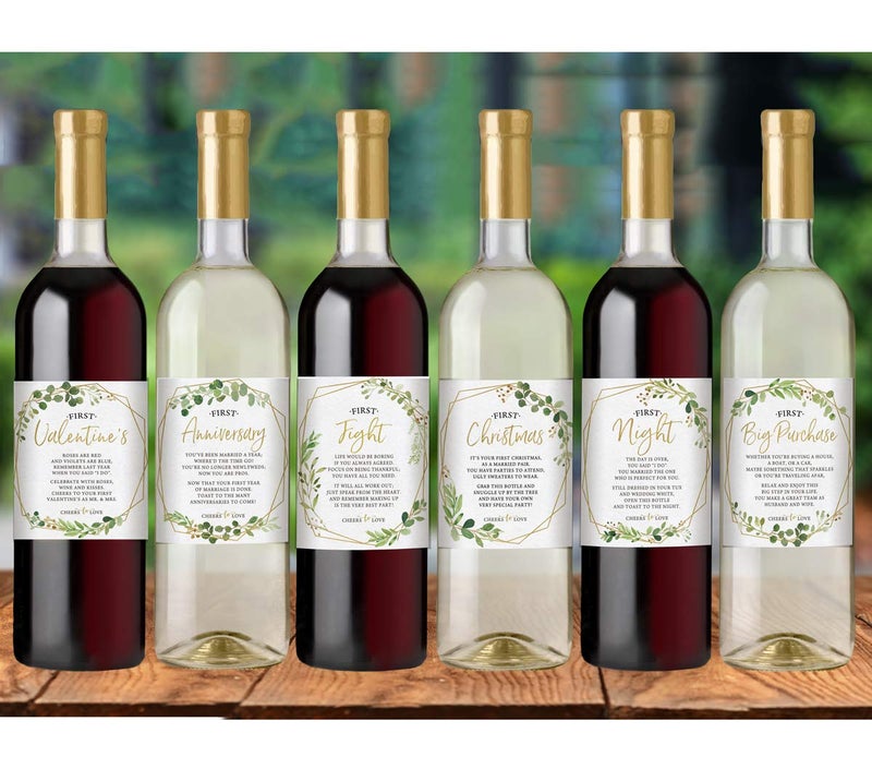 Printed Party Marriage Milestones, Greenery Wedding Firsts, 6 Wine Bottle Labels - Image 3